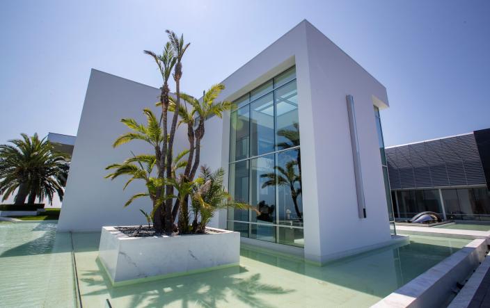 a white building and young palm trees at mansion The One Bel Air