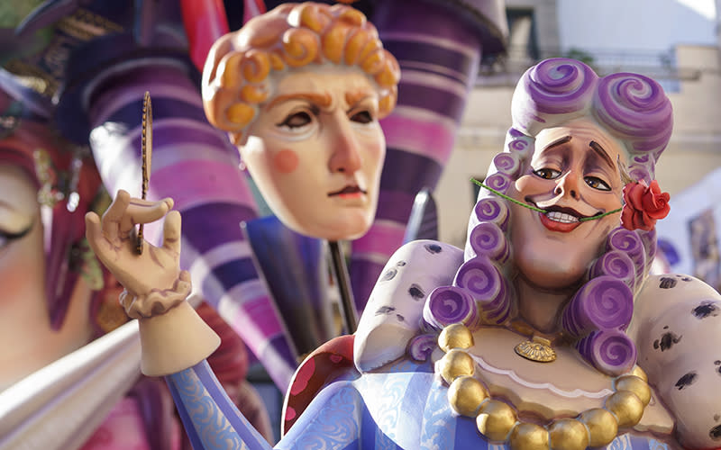 A falla figure shows President of Spain Pedro Sanchez, caricatured as Cinderella, during the Fallas Festival in Valencia, Spain