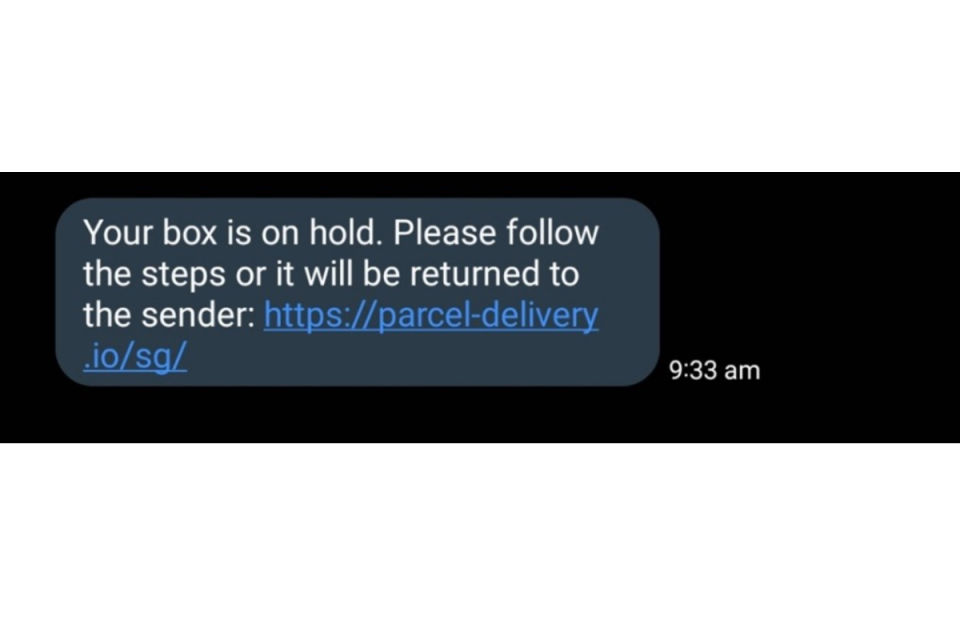 A sample phishing text from parcel delivery scammers