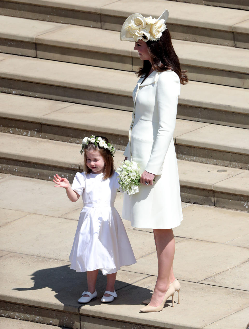 The Duchess arriving for the ceremony and with Princess Charlotte after the ceremony [Photos: Getty]