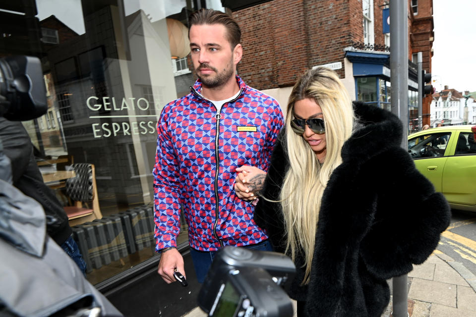 Katie Price and Carl Woods arriving at Lewes Crown Court in May 2022.