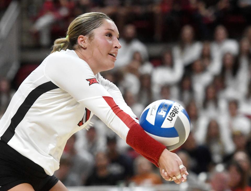 Texas Tech's Kenna Sauer passes the ball in a Big 12 match earlier this month against Texas at United Supermarkets Arena. The second-ranked Longhorns beat the Red Raiders in three sets on Wednesday night in Austin.