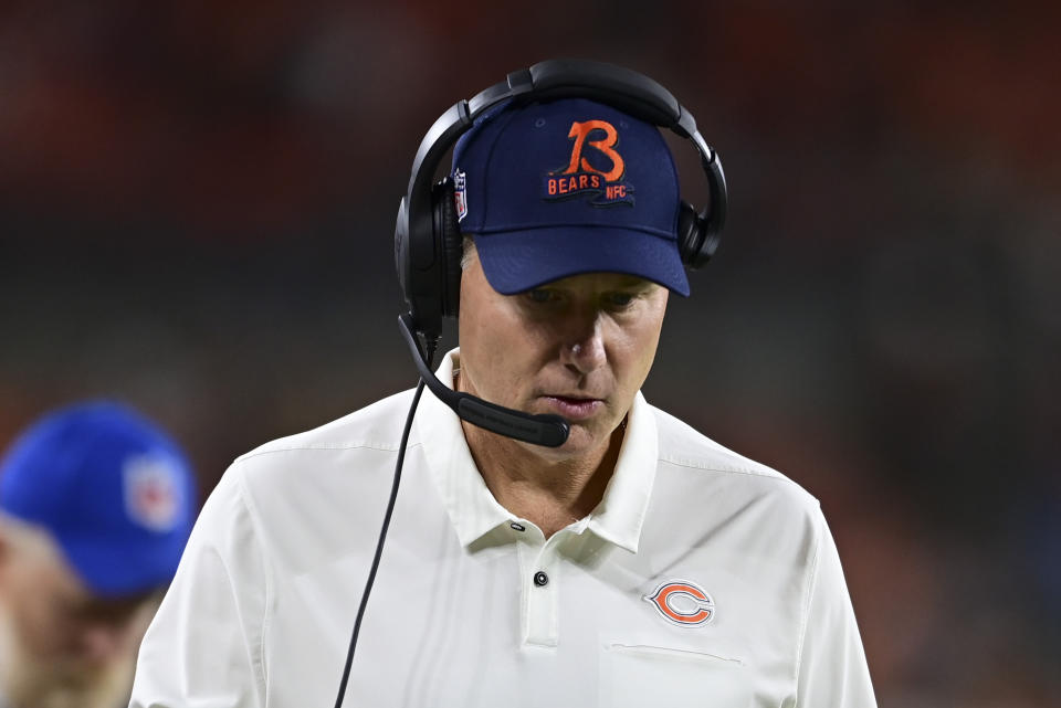 Chicago Bears head coach Matt Eberflus walks the sideline as his team plays against the Cleveland Browns during the second half of an NFL preseason football game, Saturday, Aug. 27, 2022, in Cleveland. (AP Photo/David Dermer)