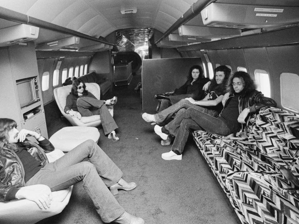 Deep Purple members (left to right) Jon Lord, David Coverdale, Glenn Hughes, Ritchie Blackmore and Ian Paice sit onboard the Starship in 1974.