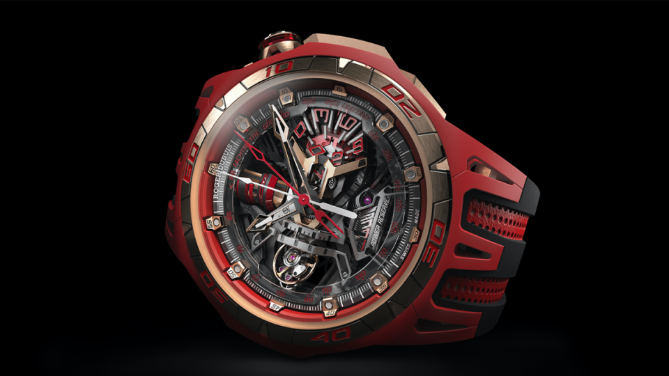 ROGER DUBUIS今年主力宣傳的概念錶Monovortex™ Split-Seconds Chronograph，以MCF獨家礦物複合纖維材質，做出紅色和玫瑰金搭配的搶眼視覺。