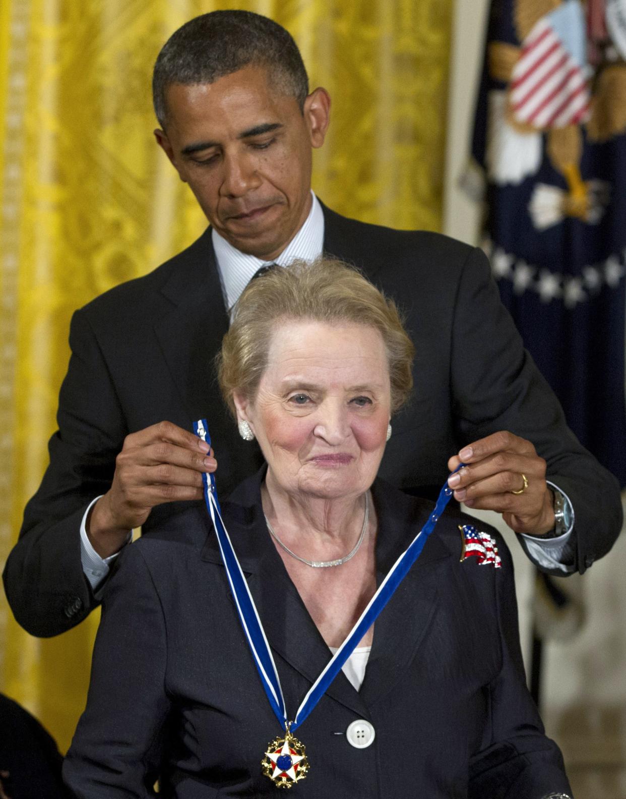 FILE - President Barack Obama awards Madeleine Albright the Presidential Medal of Freedom in the East Room of the White House, on May 29, 2012, in Washington. 