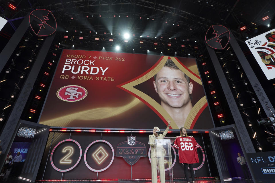 FILE - Iowa State quarterback Brock Purdy gets picked as Mr. Irrelevant by the San Francisco 49ers as the 262nd and last pick of the 2022 NFL Draft on Saturday, April 30, 2022, in Las Vegas. The overlooked quarterback who got dubbed with the “Mr. Irrelevant” moniker after being drafted with the final pick last year developed into a gem who won his first seven starts and helped the San Francisco 49ers make it to the NFC championship game. (AP Photo/Doug Benc, File)