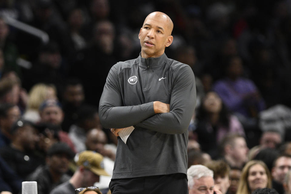 FILE - Detroit Pistons head coach Monty Williams looks on during the first half of an NBA basketball game against the Washington Wizards, Friday, March 29, 2024, in Washington. The Detroit Pistons have fired coach Monty Williams after just one season, a person with knowledge of the decision told The Associated Press on Wednesday, June 19.(AP Photo/Nick Wass, File)