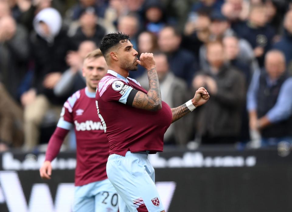 Emerson Palmieri celebrates after scoring West Ham’s equaliser (Getty Images)