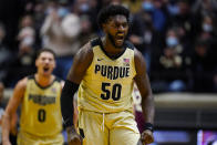 Purdue forward Trevion Williams (50) celebrates a defensive stop against Florida State during the second half of an NCAA college basketball game in West Lafayette, Ind., Tuesday, Nov. 30, 2021. Purdue defeated Florida State 93-65. (AP Photo/Michael Conroy)