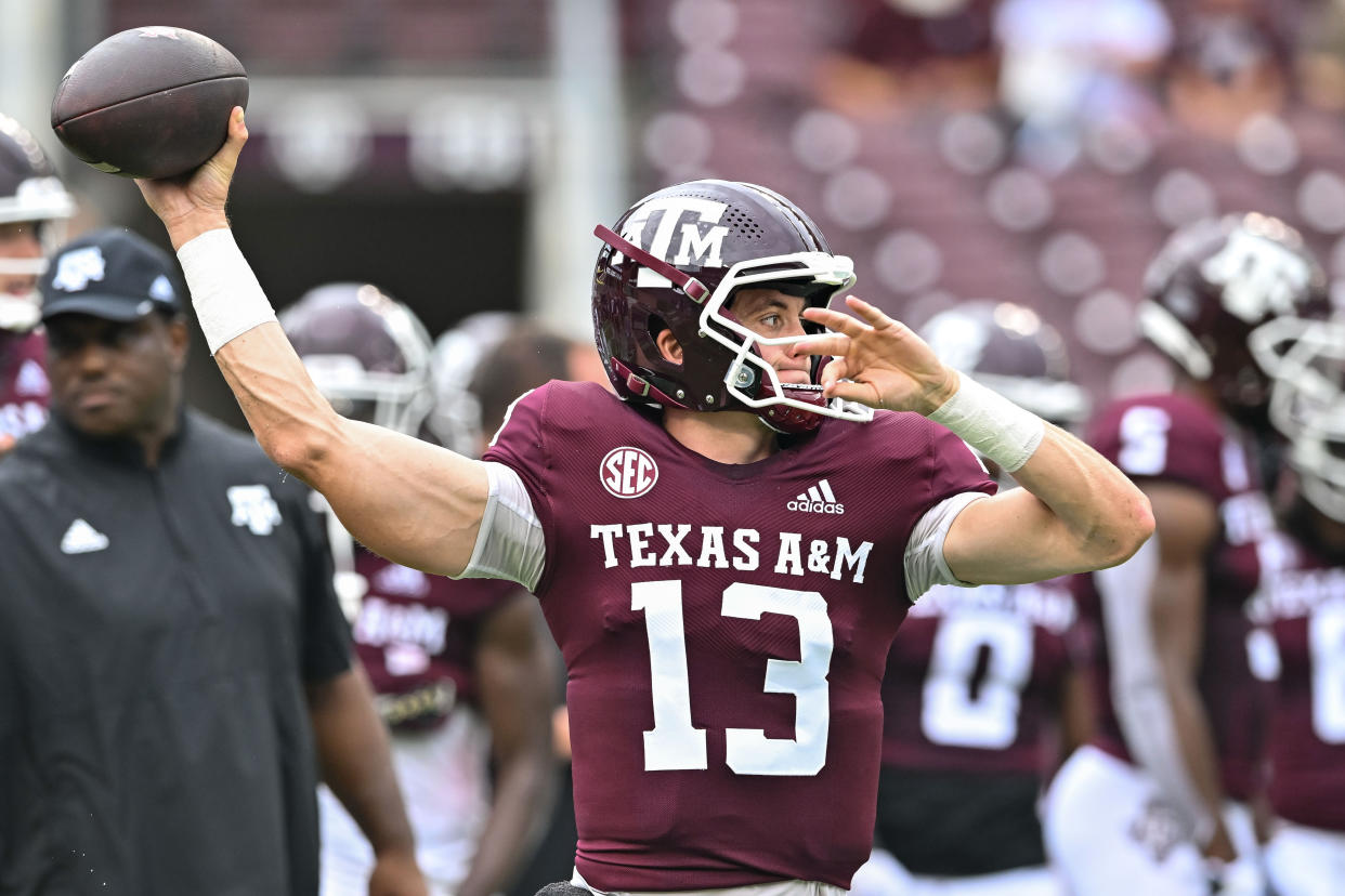 Sep 3, 2022; College Station, Texas, USA;  Texas A&M Aggies quarterback Haynes King (13) throws the ball during warm ups of the game against the Sam Houston State Bearkats at Kyle Field. Mandatory Credit: Maria Lysaker-USA TODAY Sports