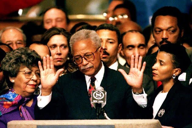 New York City Mayor David Dinkins gives his concession speech on Nov. 3, 1993, after narrowly losing to Rudy Giuliani. 