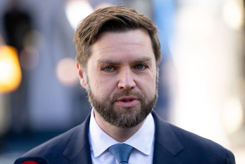 James David "J. D." Vance, Senator of the Republican Party in the USA, gives a press statement in front of the Bayerischer Hof during the 60th Munich Security Conference (MSC). Sven Hoppe/dpa