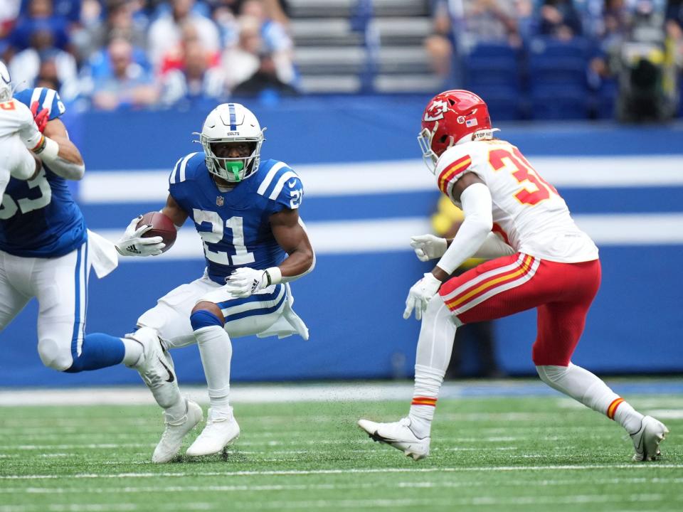 Nyheim Hines makes a move against the Kansas City Chiefs.