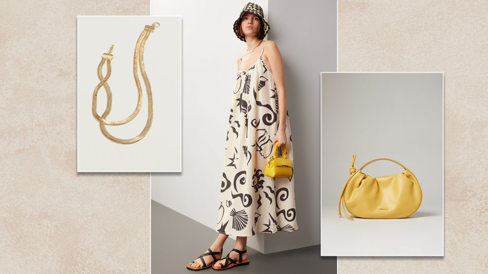 Vacation Outfit From Rent the Runway - Untitled in Motion Patterned Dress with 3.1 Phillip Lim Yellow Bag and Demarson Gold Necklace