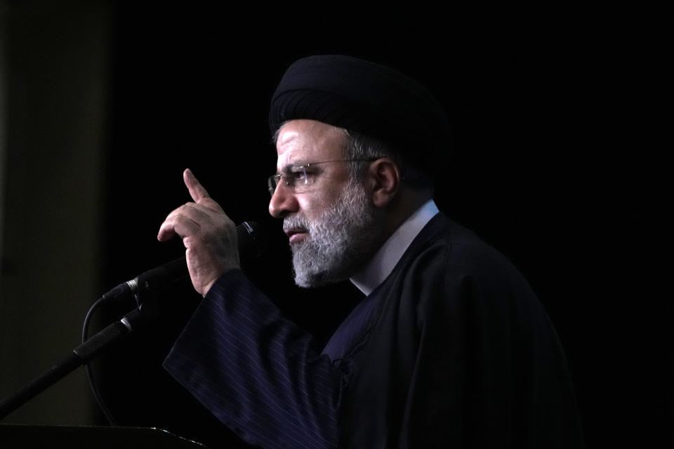 FILE - Iranian President Ebrahim Raisi speaks during a commemoration for the late Revolutionary Guard Gen. Qassem Soleimani, who was killed in a U.S drone attack in 2020 in Iraq, at the Imam Khomeini grand mosque, Jan. 3, 2024, in Tehran, Iran. The U.N. General Assembly’s tribute to Iran’s late President Raisi was snubbed by Western and East European nations on Thursday, May 30, amid protests against honoring a leader who was reviled for his crackdown on opponents. (AP Photo/Vahid Salemi, File)