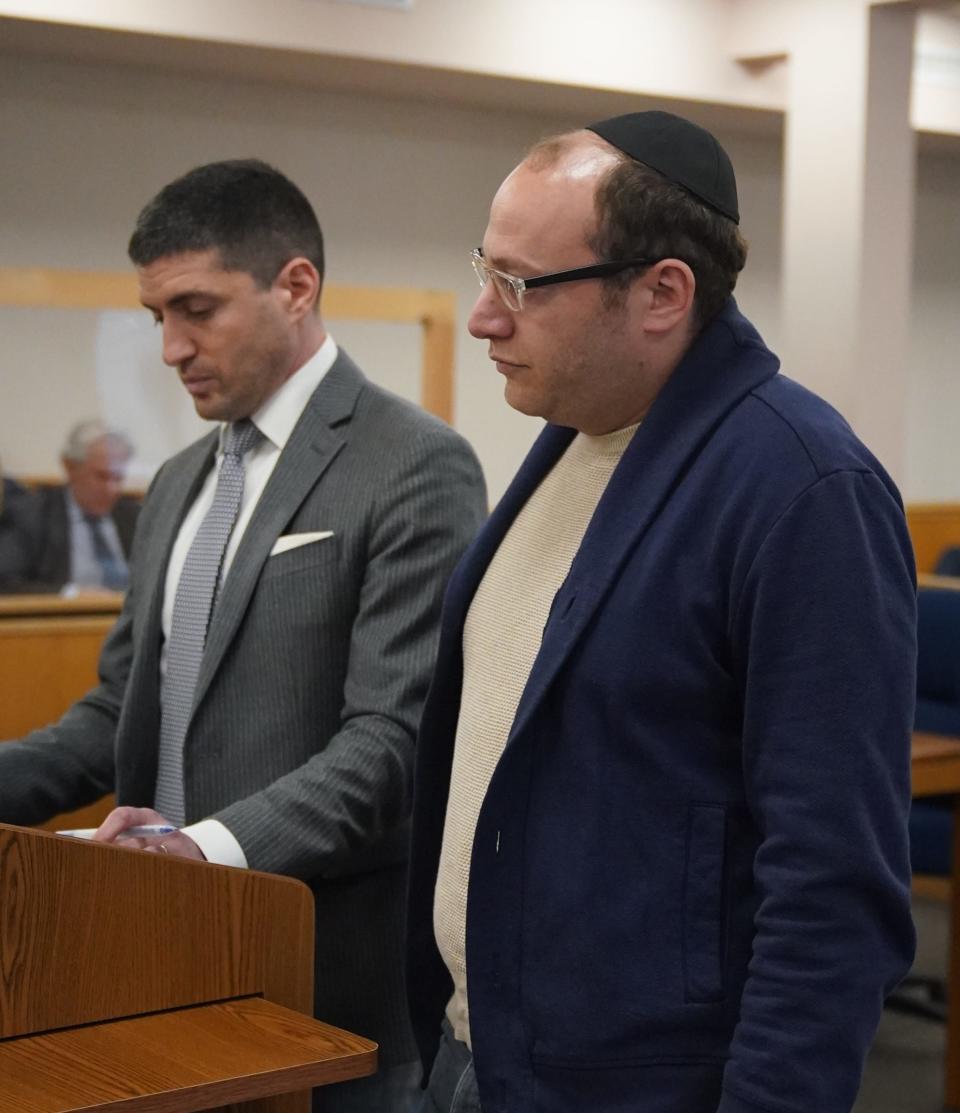 Rockland therapist Daniel Dresdner, right, with attorney Jacob Kaplan, appears in Town of Haverstraw Justice Court in Garnerville, on Thursday, March 23, 2023. Dresdner is accused of abusing his clients.