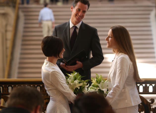 Mayor Gavin Newsom marries Erin Carder (left) and Kerri McCoy at City Hall in San Francisco, California, on Oct. 10, 2008.