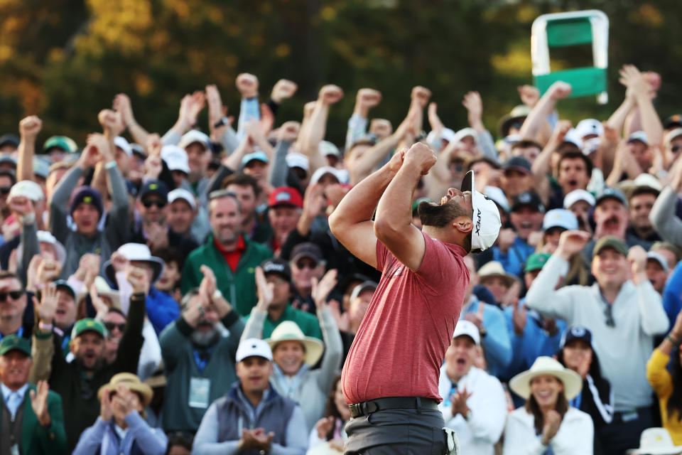 Jon Rahm celebrates his 2023 Masters vicotry on the 18th green at Augusta National Golf Club on April 09, 2023 in Augusta, Georgia. (Photo by Christian Petersen/Getty Images)