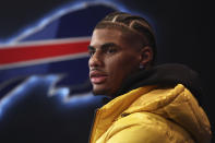 Buffalo Bills second-round draft pick Keon Coleman addresses the media during an NFL football news conference in Orchard Park, N.Y., Saturday, April 27, 2024. (AP Photo/Jeffrey T. Barnes)