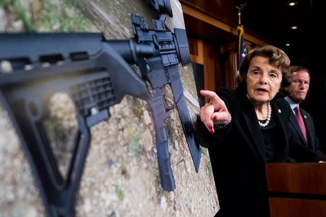 <p>Bill Clark/CQ Roll Call/Getty</p> Sen. Dianne Feinstein holds a news conference at the U.S. Capitol in 2017 to introduce legislation to ban the sale and possession of bump-stock equipment