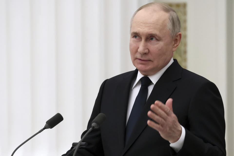 Russian President Vladimir Putin speaks during a ceremony to award the winners of the 2023 Presidential Prize for young culture professionals and for writing and art for children and young people at the Kremlin in Moscow, Russia, Tuesday, March 26, 2024. (Mikhail Metzel, Sputnik, Kremlin Pool Photo via AP)