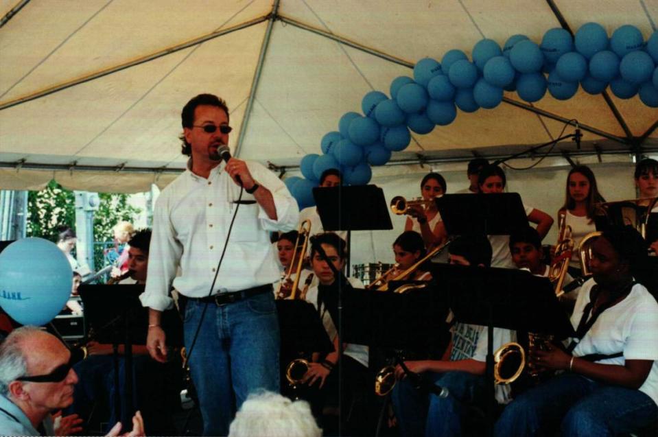 Ray Modia, seen here with the Miami Beach Nautilus Middle School jazz band, retired in 2020 from Miami-Dade County Public Schools. An inspiration to thousands of young musicians, he continues to play gigs and teach music.