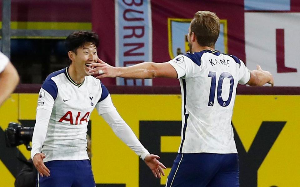  Son Heung-min celebrates scoring Tottenham's first goal with Harry Kane, who assisted - Pool via REUTERS