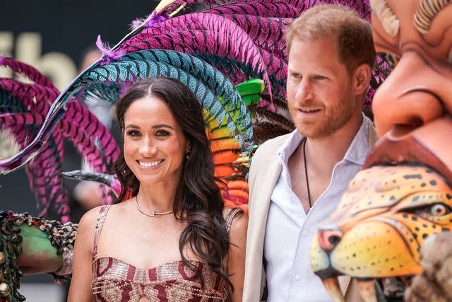 <p>Diego Cuevas/Getty</p> Meghan Markle and Prince Harry in Colombia on Aug. 15, 2024