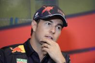 Red Bull driver Sergio Perez of Mexico attends a news conference at the Baku circuit, in Baku, Azerbaijan, Friday, June 10, 2022. The Formula One Grand Prix will be held on Sunday. (AP Photo/Sergei Grits)