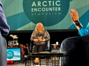 Tara Katuk Mac Lean Sweeney, Inupiaq, vice president for external affairs at ConocoPhillips Alaska, spoke at the Arctic Encounter Symposium on April 10, 2024, in Anchorage. (Photo by Joaqlin Estus/ICT)