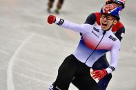 <p><span>South Korea’s Lim Hyojun (front) reacts to winning the gold medal in the men’s 1500m short track speed skating final. Behind him is silver medalist, Sjinkie Knegt, frSom the Netherlands. Semen Elistratov, Olympic Athlete from Russia, finished with the bronze medal.</span> </p>