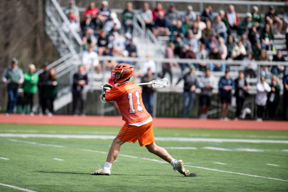 Mountain Lakes boys lacrosse at Delbarton on Saturday, April 16, 2022. ML #11 Caz Kotsen takes a shot.