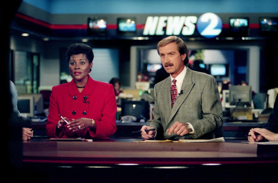 A 1997 picture of WKRN News 2 anchors Anne Holt, left, who retired in 2017, and Bob Mueller on the anchor desk for a 5 p.m. newscast