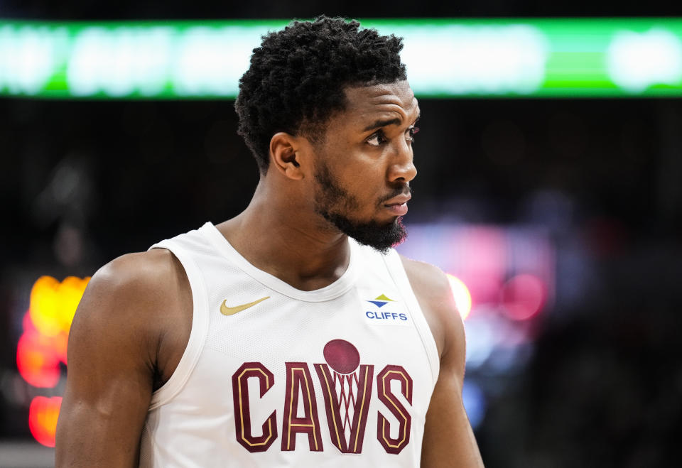 TORONTO, ON - FEBRUARY 10: Donovan Mitchell #45 of the Cleveland Cavaliers watches against the Toronto Raptors during the second half of their basketball game at Scotiabank Arena on February 10, 2024 in Toronto, Ontario, Canada.  NOTE TO USER: User expressly acknowledges and agrees that by downloading and/or using this photo, user agrees to the terms and conditions of the Getty Images License Agreement.  (Photo by Mark Blinch/Getty Images)