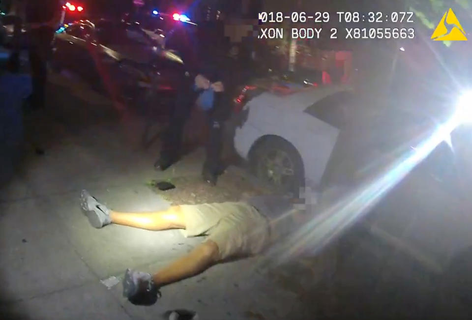 FILE - This June 29, 2018 video image from a police officer's body cam and provided by Portland State University, shows Jason Washington after he was shot and killed by university police officers in Portland, Ore. Portland State University said Thursday, Aug. 13, 2020, it will disarm its campus police force more than two years after officers from the department shot and killed a Black man who was trying to break up a fight. (Portland State University via AP, file)