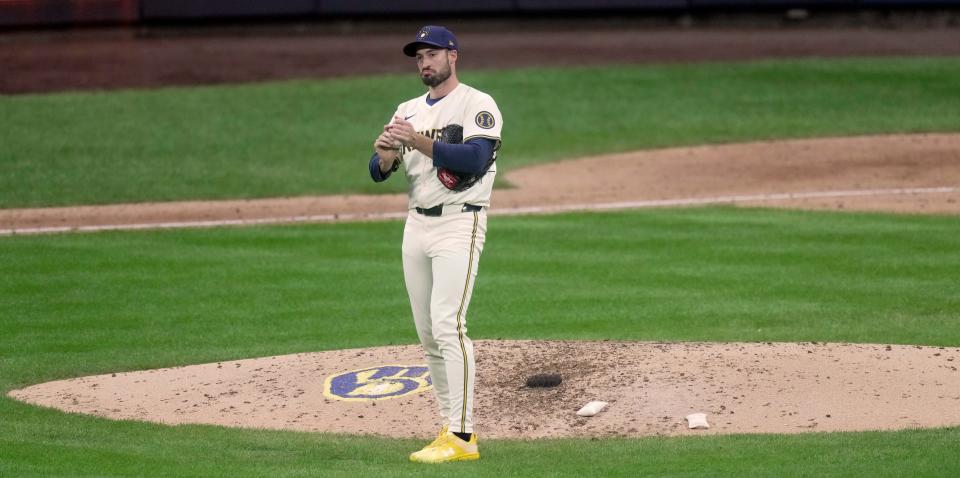 Milwaukee Brewers pitcher Aaron Ashby tries to regroup during the fifth inning of their wild-card playoff game against the New York Mets.