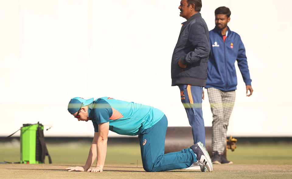 Steve Smith, pictured here inspecting the pitch ahead of the second Test between Australia and India.