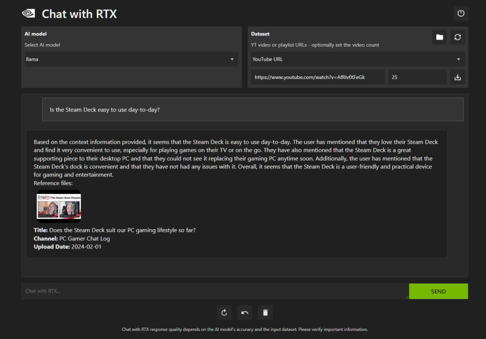 Nvidia's Chat with RTX software in use, which offers a personally trained LLM.