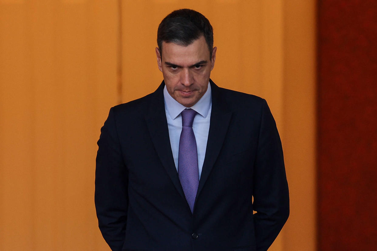 Spain's Prime Minister Pedro Sanchez looks on as he waits for the arrival of Guatemala's President before their meeting at La Moncloa Palace in Madrid, on January 20, 2023. (Photo by Pierre-Philippe Marcou / AFP)