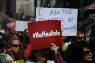 <p>A protester holds up #NoMuslimBan sign at the “I am a Muslim too” rally at Times Square in New York City on Feb. 19, 2017. (Gordon Donovan/Yahoo News) </p>