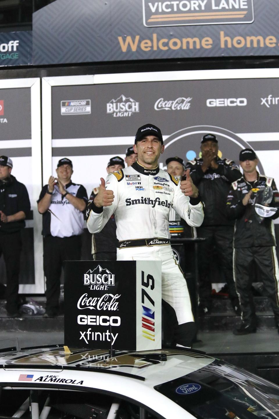 Aric Almirola prevailed in a hectic, late battle to the end, claiming a victory in the second Bluegreen Vacations Duel race on Thursday night at Daytona.