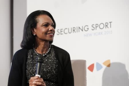 ICSS - Securing Sport - Harold Pratt House, New York - 4/11/15 66th U.S. Secretary of State Condoleezza Rice speaks on Day 2 of Securing Sport 2015 - the annual conference of the International Centre for Sport Security (ICSS) Photo Andrew Kelly for ICSS Livepic