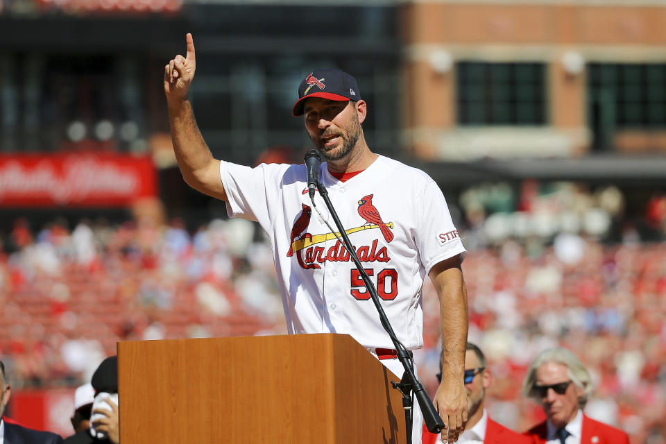 St. Louis Cardinals' Adam Wainwright speaks as he his honored during his retirement ceremony before the start of the Cardinals' final regular season baseball game, Sunday, Oct. 1, 2023, against the Cincinnati Reds in St. Louis. (AP Photo/Scott Kane)