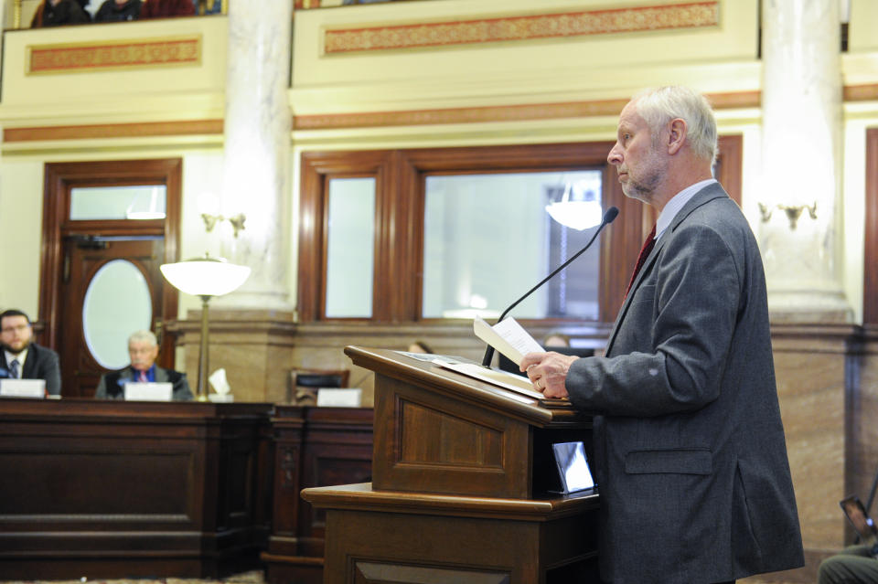 State Sen. Keith Regier, R-Kalispell, introduces SB154 to the Senate Judiciary Committee on Tuesday, Jan. 17, 2023, in the State Capitol in Helena, Mont. The Montana legislature is considering a proposal (SB154) that would would interpret the state’s constitutional right to privacy to mean that it does not protect the right to an abortion, a move that would echo others in several states to severely restrict or ban abortion. (Thom Bridge/Independent Record via AP)