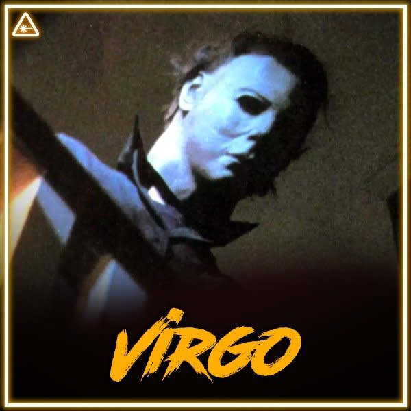 image of michael myers horror villain with virgo in scrawling orange letters at the bottom for his zodiac sign