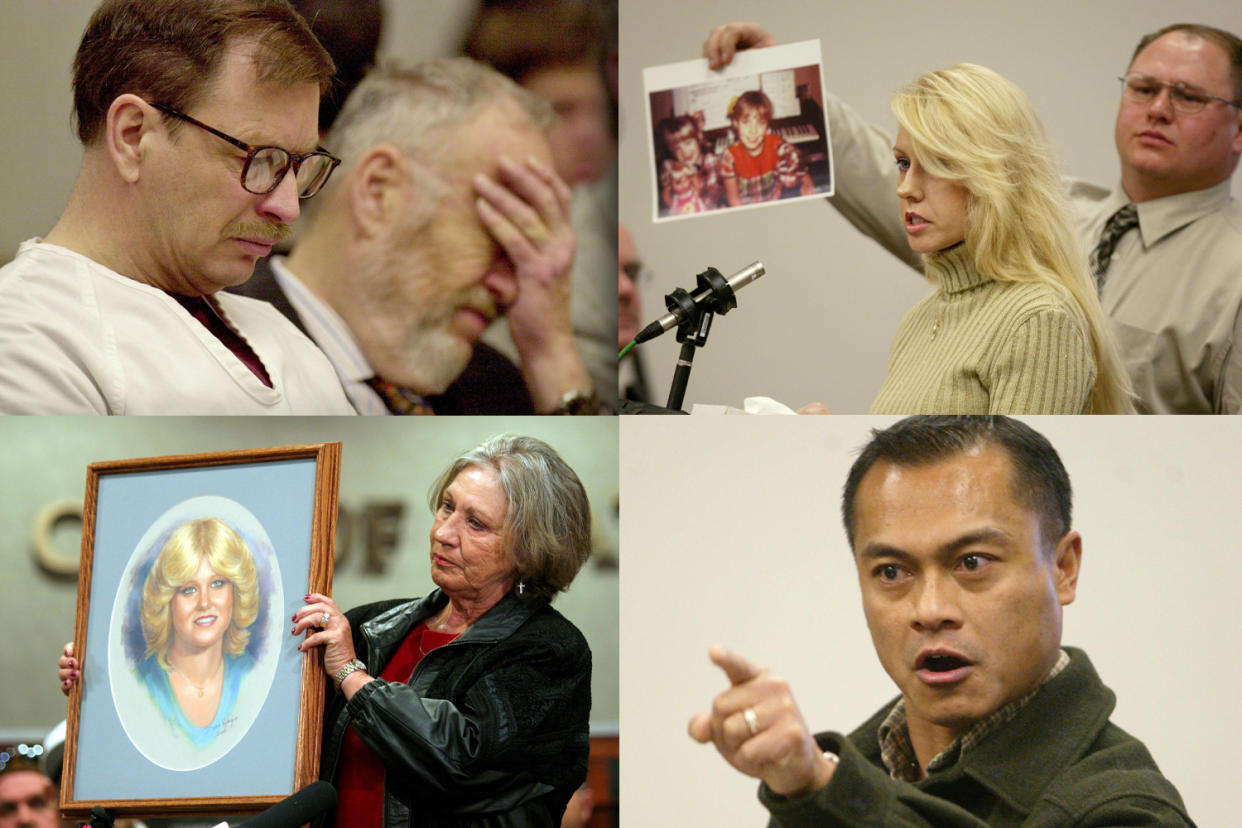 Family members of victims confronted Gary Ridgway in court in 2003. From top right, Virginia Graham, sister of Debra Estes, Jose Malvar Jr., brother of Marie Malvar, and Carol Estes, mother of Debra Estes. (Pool via Getty Images; EPA)