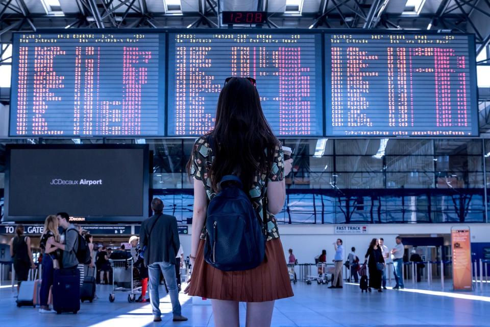 aeropuerto, mujer, vuelo