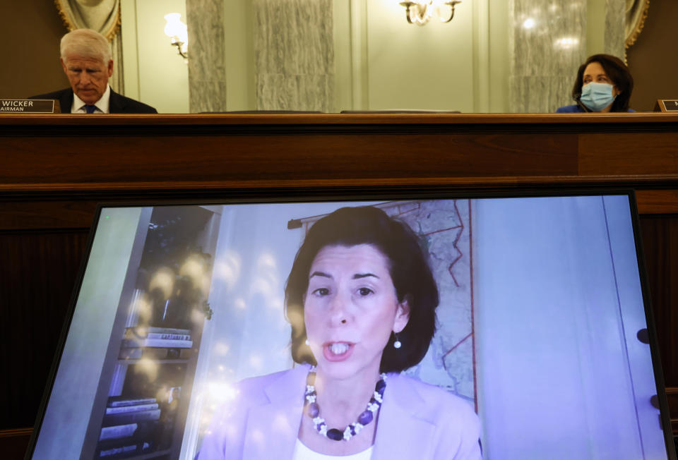 Commerce secretary-nominee Rhode Island Gov. Gina Raimondo testifies remotely during her nomination hearing before the Senate Commerce, Science and Transportation Committee on Capitol Hill in Washington, Tuesday, Jan. 26, 2021. (Jonathan Ernst/Pool via AP)