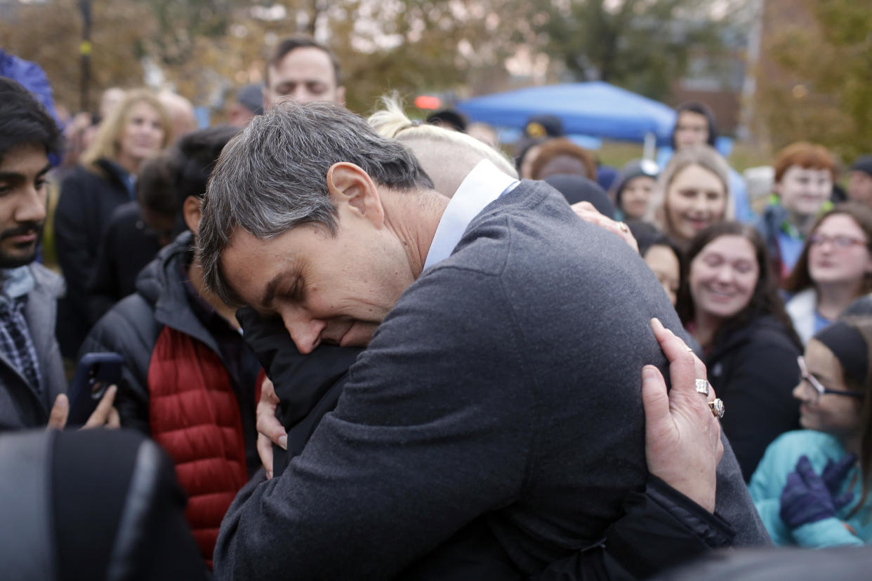 Democratic presidential candidate and former Rep. Beto O'Rourke (D-TX) hugs volunteer Charlie Jordan after announcing he was dropping out of the presidential race before the start of the Iowa Democratic Party Liberty & Justice Celebration on November 1, 2019 in Des Moines, Iowa. (Photo: Joshua Lott/Getty Images)